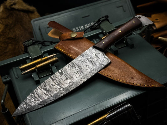 Handmade Damascus Steel Chef Knife – Wood Handle & Leather Sheath by 2a Knives