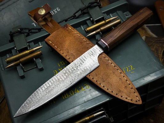Handmade Damascus Steel Chef Knife – Wooden Handle with Cow Leather Sheath