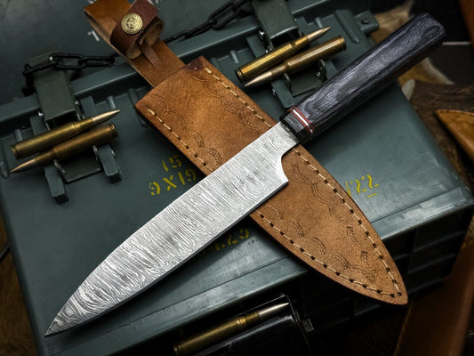 Handmade Damascus Steel Chef Knife with Wood Handle & Cow Leather Sheath