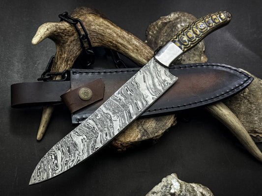 Handmade Damascus Steel Chef Knife with Wood Handle & Cowhide Sheath – Full Tang Kitchen Knife