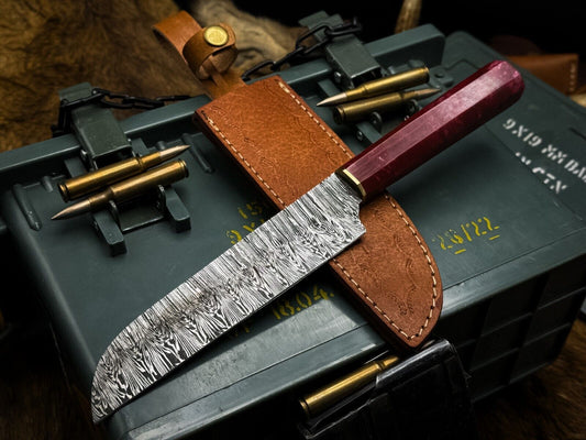 Handmade Damascus Steel Chef Vegetable Knife, Epoxy Resin Handle + Sheath