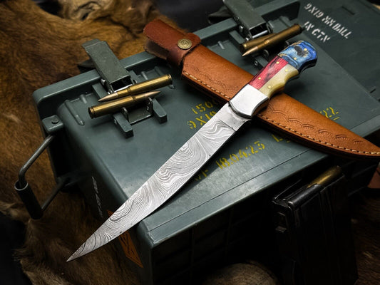 Handmade Damascus Steel Fillet Hunting Kitchen Knife with Bone Handle & Leather Sheath