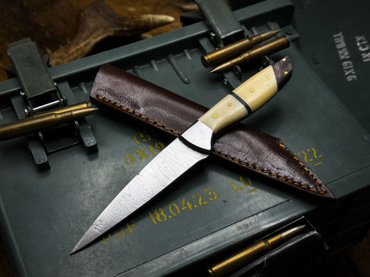 Handmade Damascus Steel Hunting Kitchen Chef Knife – Bone Handle with Leather Sheath