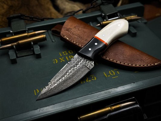 Handmade Damascus Steel Hunting Survival Knife Camel Bone Handle, Leather Sheath