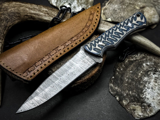 Handmade Damascus Steel Hunting Survival Knife with Wood Handle & Leather Sheath