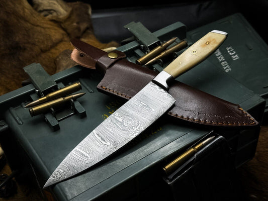 Handmade Damascus Steel Hunting & Kitchen Chef Knife with Bone Handle & Leather Sheath