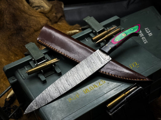 Handmade Damascus Steel Hunting & Kitchen Chef Knife with Wood Handle and Leather Sheath