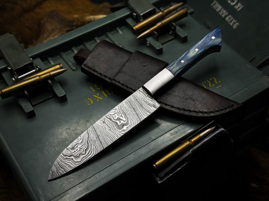 Handmade Damascus Steel Hunting & Kitchen Knife with Wood Handle and Leather Sheath