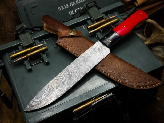 Handmade Damascus Steel Kitchen Chef Cutting Knife – Resin Handle with Leather Sheath