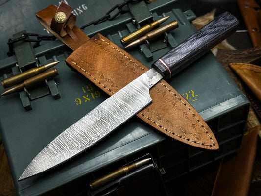 Handmade Damascus Steel Kitchen Chef Cutting Knife – Wood Handle & Leather Sheath