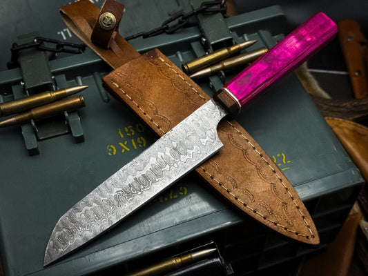 Handmade Damascus Steel Kitchen Chef Cutting Knife with Wood Handle & Leather Sheath