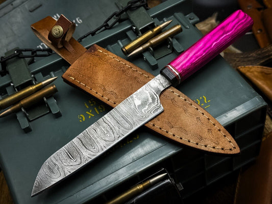 Handmade Damascus Steel Kitchen Chef Fish Cutting Knife – Wood Handle with Leather Sheath