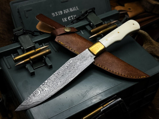 Handmade Damascus Steel Kitchen Chef Knife, Wood Handle, Cow Leather Sheath