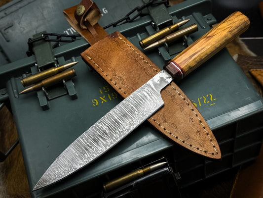 Handmade Damascus Steel Kitchen Chef Knife – Wood Handle, Fish Cut Blade, Leather Sheath