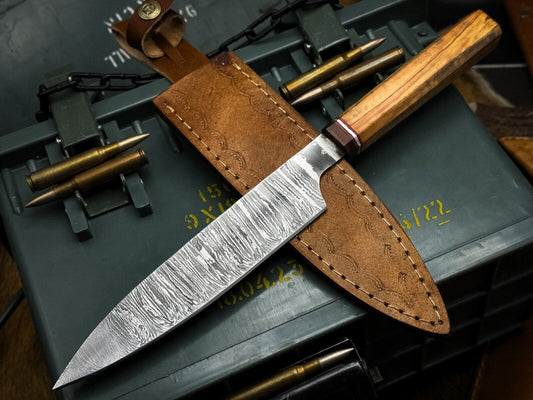 Handmade Damascus Steel Kitchen Chef Knife – Wood Handle with Cow Leather Sheath