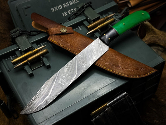 Handmade Damascus Steel Kitchen Chef Knife with Epoxy Handle & Cow Leather Sheath