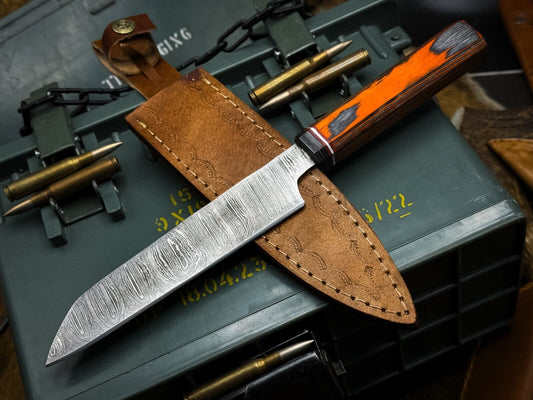 Handmade Damascus Steel Kitchen Chef Knife with Wood Handle & Cow Leather Sheath