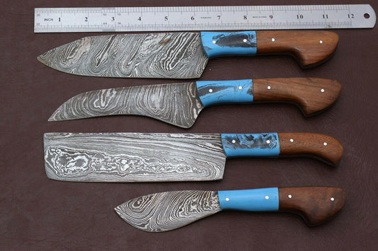 Handmade Damascus Steel Kitchen Chef Knives Set with Rosewood Handle