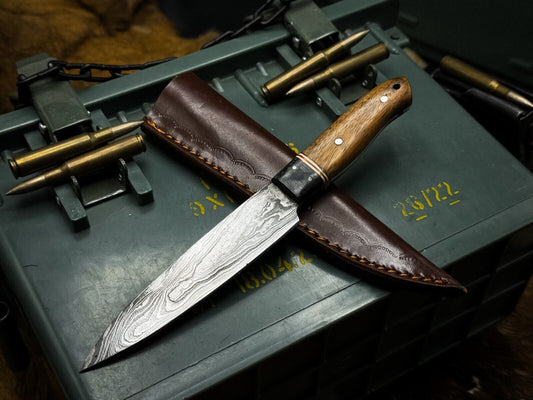 Handmade Damascus Steel Kitchen Chef Vegetable Knife – Wood Handle with Cowhide Sheath