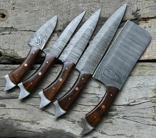 Handmade Twist Damascus Steel Chef Knife Set – 5 Pcs, Walnut Handle, Razor Sharp