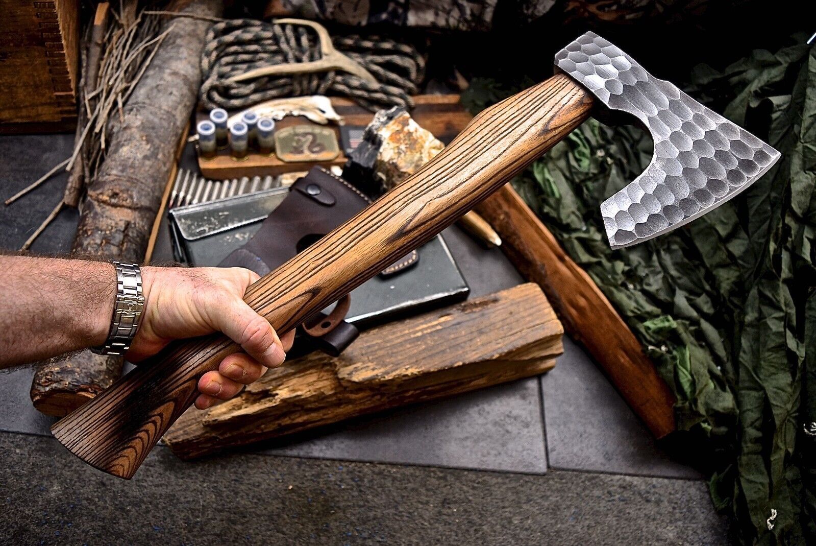 Handmade 1095 Forged Bearded Viking Axe – Camping Hatchet with Leather Sheath