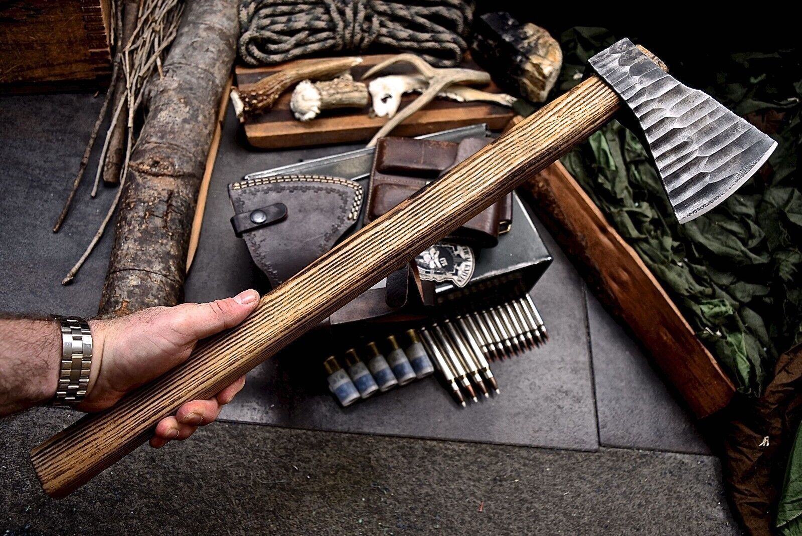 Handmade 1095 High Carbon Steel Viking Long Axe | Camping & Hunting Knife with Leather Sheath