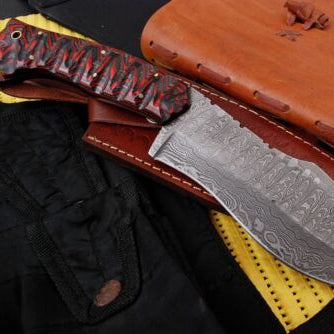 Handmade 12" Damascus Kukri Bowie Knife | Hand Forged Steel & Leather Sheath