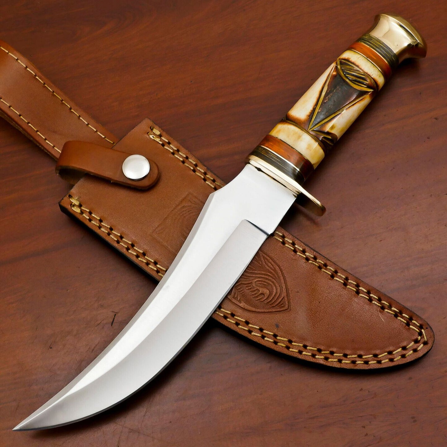 Handmade 12 Inch D2 Steel Blade Bowie Hunting Knife – Stained Engraved Bone Handle