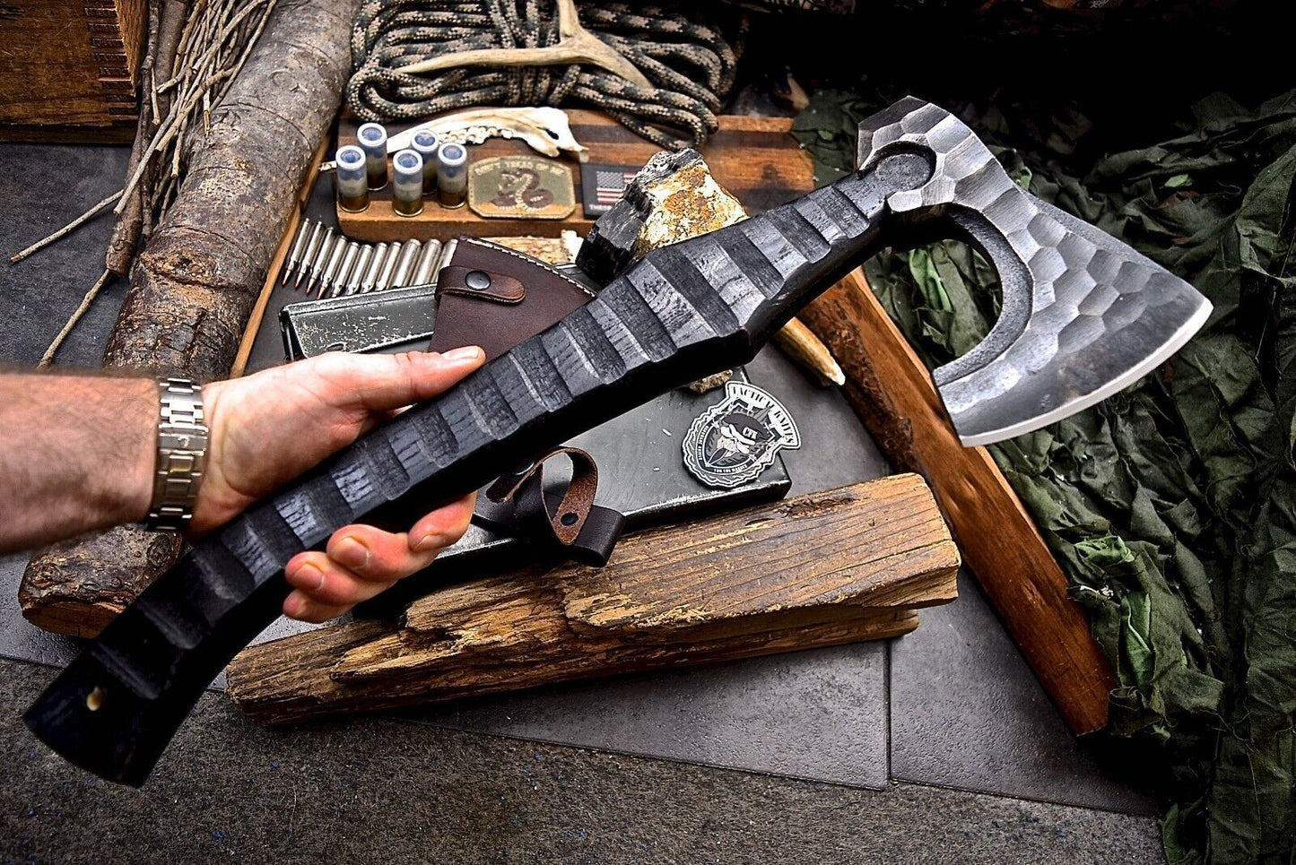 Handmade 19 Inch Viking Axe with 1095 Carbon Steel Blade and Ash Wood Handle