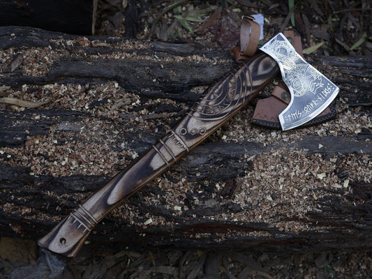Handmade 21 Inch Viking Tomahawk Axe with Carbon Steel Blade and Engraved Ash Wood Handle