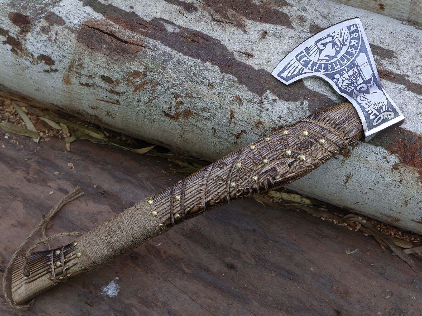 Handmade 21 Inch Viking Tomahawk Axe with Engraved Ash Wood Handle and Leather Sheath
