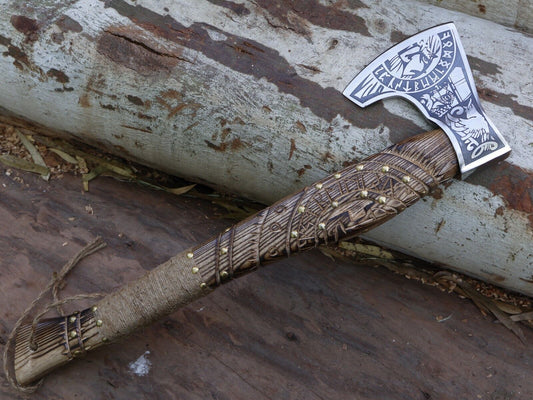 Handmade 21 Inch Viking Tomahawk Axe with Engraved Ash Wood Handle and Leather Sheath