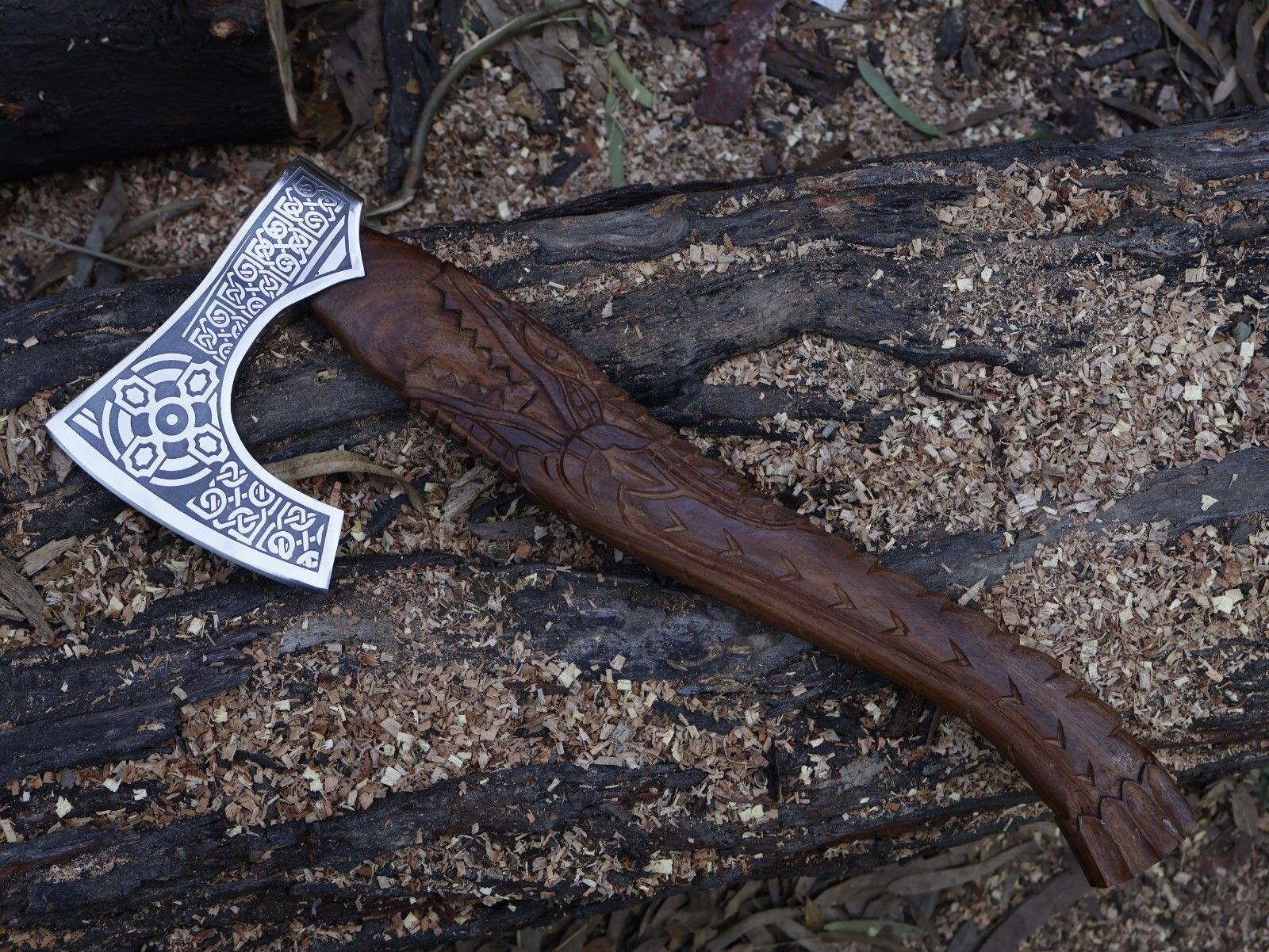 Handmade 22 Inch Viking Tomahawk Axe with Dragon Engraved Hardwood Handle and Leather Sheath