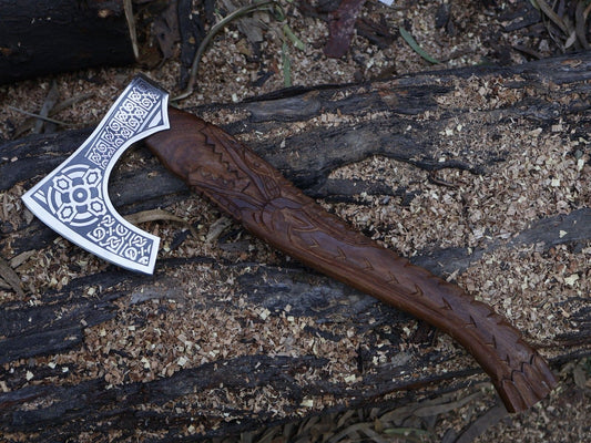 Handmade 22 Inch Viking Tomahawk Axe with Dragon Engraved Hardwood Handle and Leather Sheath