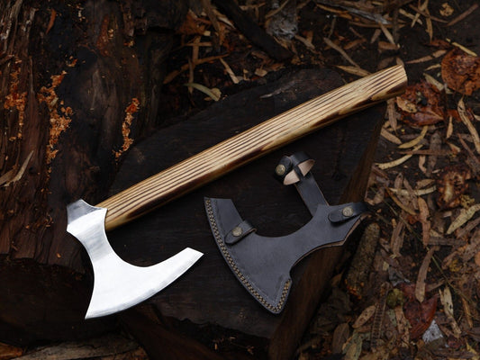 Handmade 22 Inch Viking Tomahawk Axe with High Polish Carbon Steel Blade and Yellow Pine Ash Wood Handle