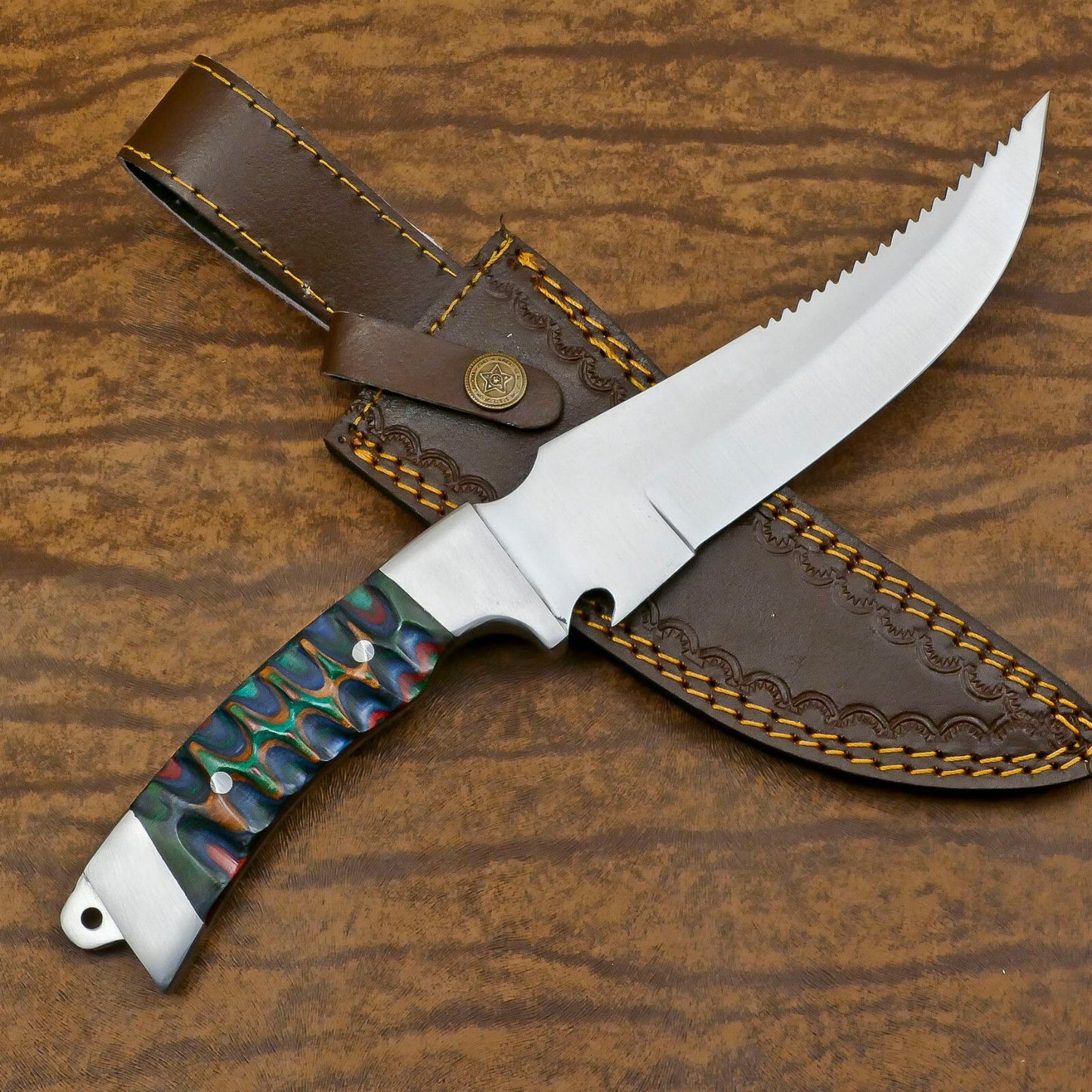 Handmade D2 Bowie Hunting Knife | 12-Inch Blade with Pakka Wood Handle & Leather Sheath