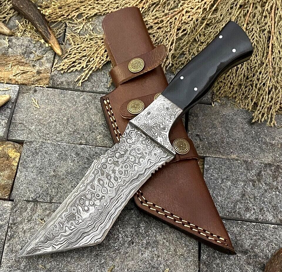 Handmade Bushcraft Tracker Hunting Knife – Hand Forged Damascus Steel with Bull Horn Handle & Leather Sheath