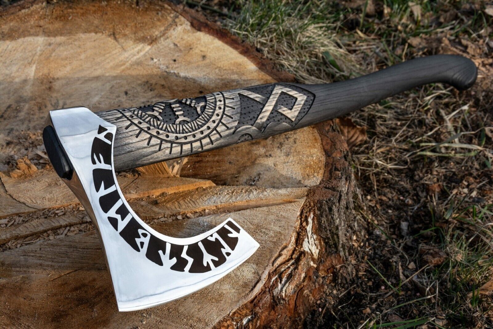 Handmade Carbon Steel Tactical Viking Axe 20 Inch Camping and Hunting Axe with Carved Wooden Handle and Leather Sheath