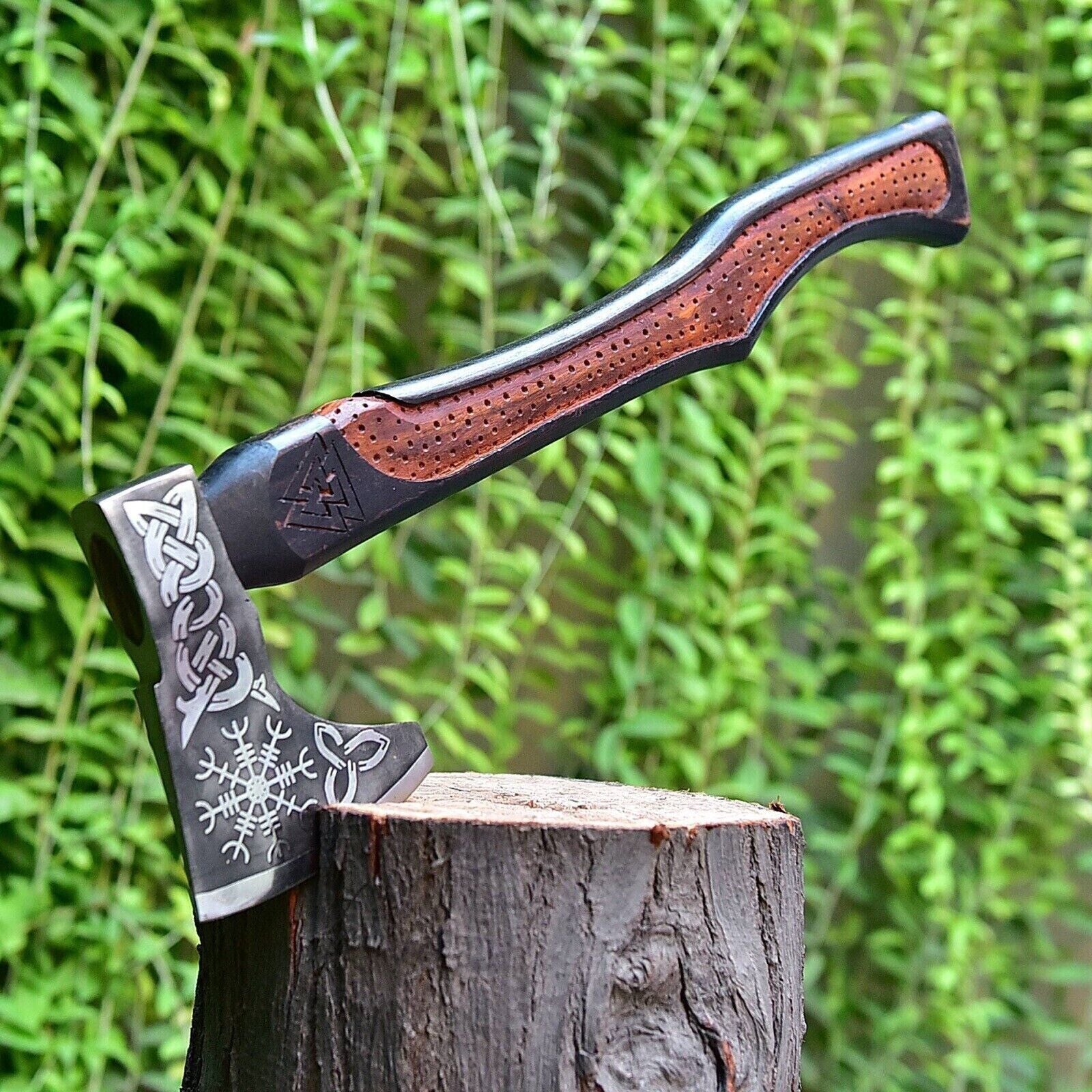 Handmade Carbon Steel Viking Axe – Integral Throwing Tomahawk with Cocobolo Wood Handle and Leather Sheath