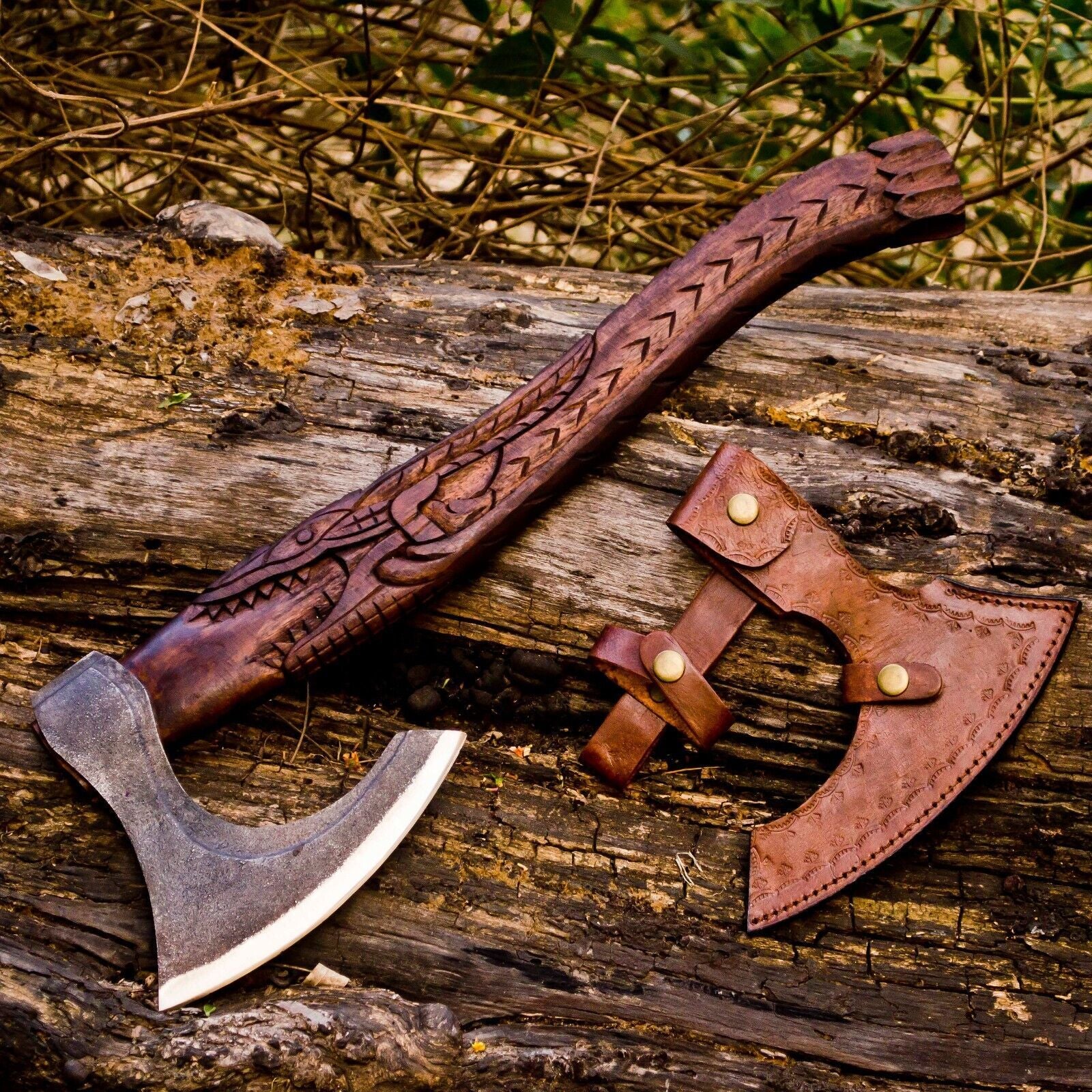 Custom Handmade Carbon Steel Viking Axe Tomahawk Throwing Hatchet with Engraved Wood Handle and Leather Sheath