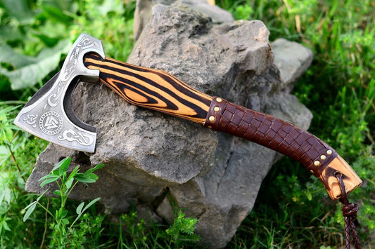 Handmade Carbon Steel Viking Axe VALHALLA – Engraved High Carbon Blade with Leather Sheath
