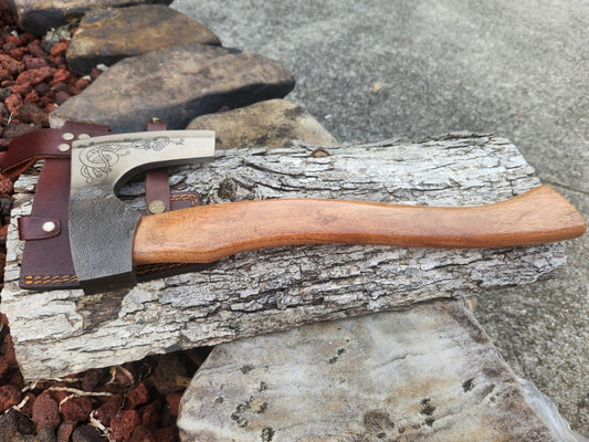 Handmade Carbon Steel Viking Axe with Wooden Handle and Leather Sheath