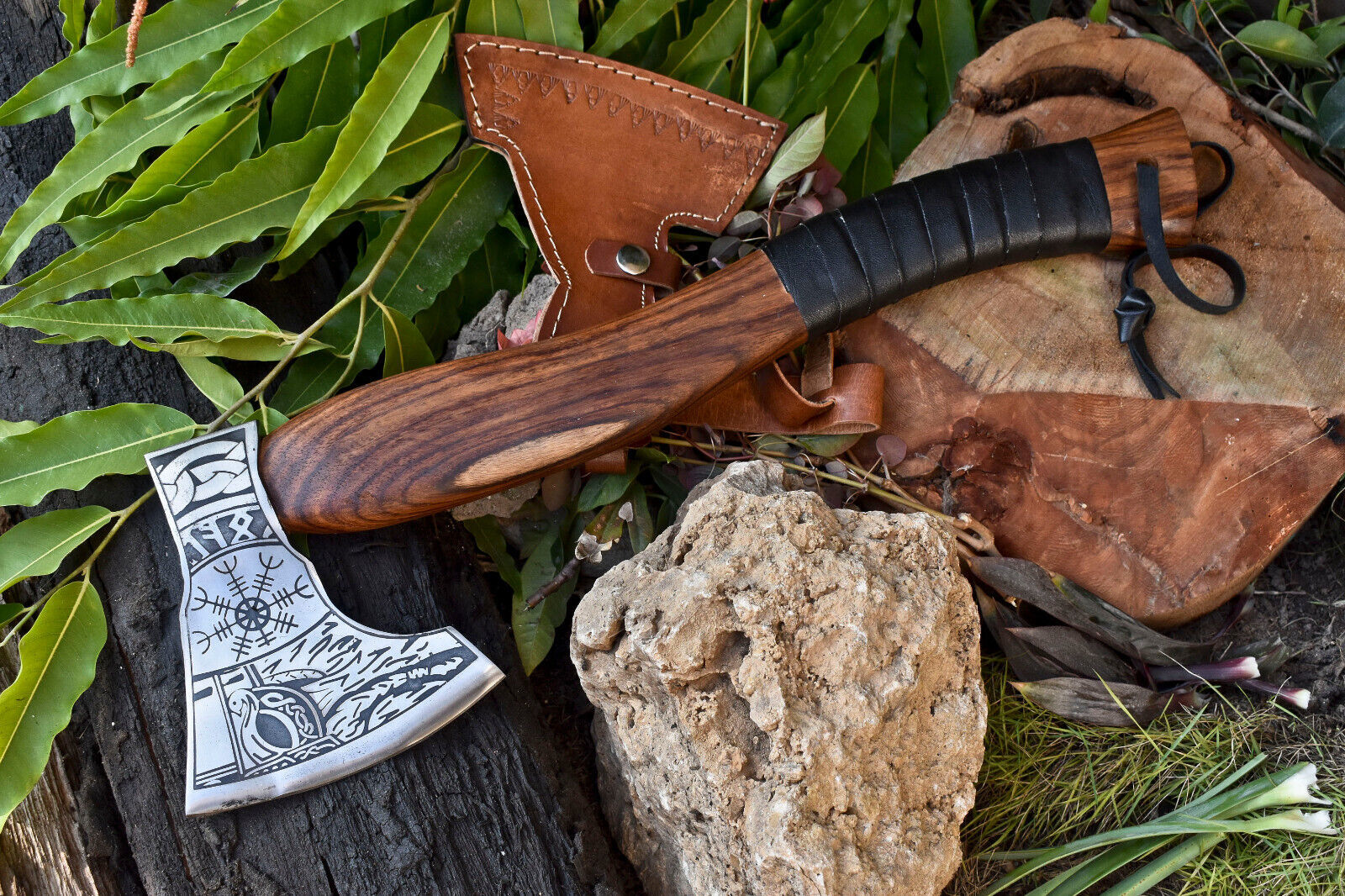 Handmade High Carbon Steel Viking Hatchet Axe | Etched Blade with Leather Wrap