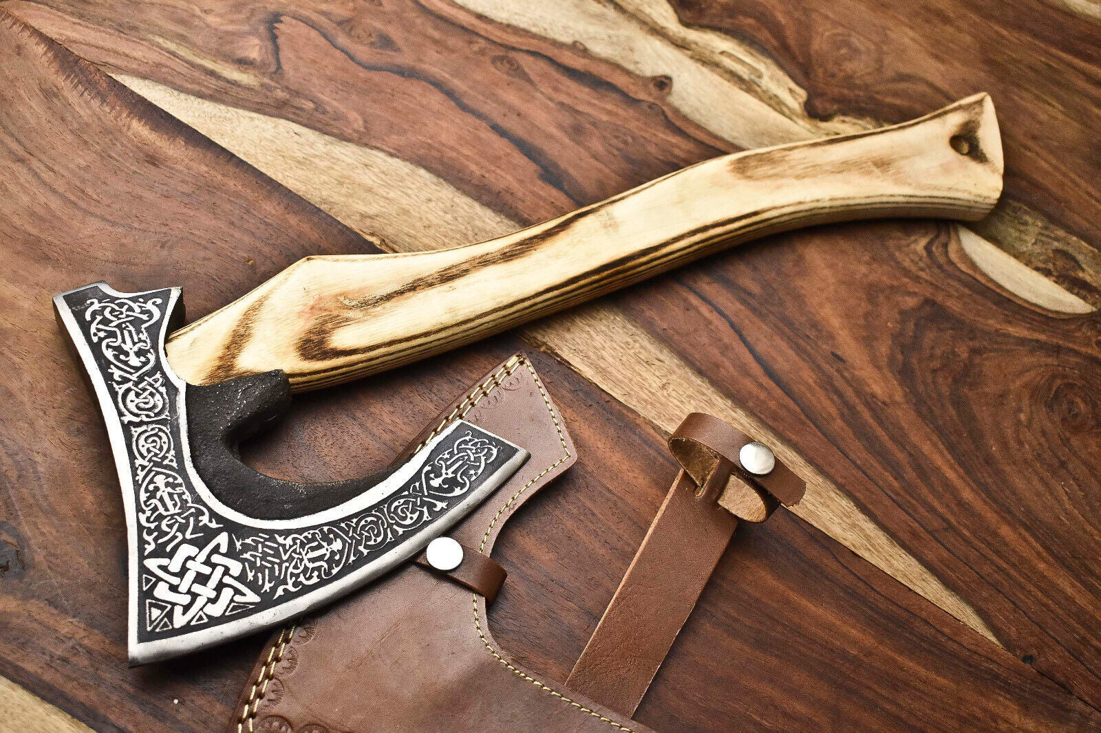 Handmade High Carbon Steel Vikings Hatchet – Etched Blade with Leather Sheath