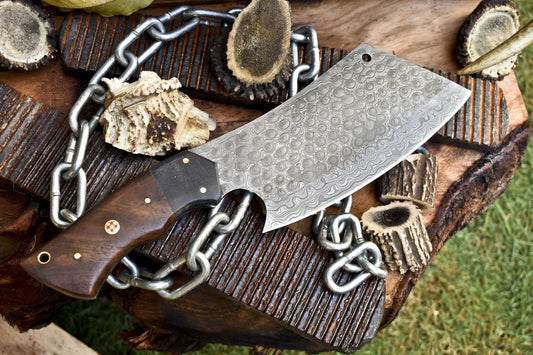 Handmade Cleaver Chopper Chef Knife – Rain Drop Damascus Steel with Walnut Wood Handle