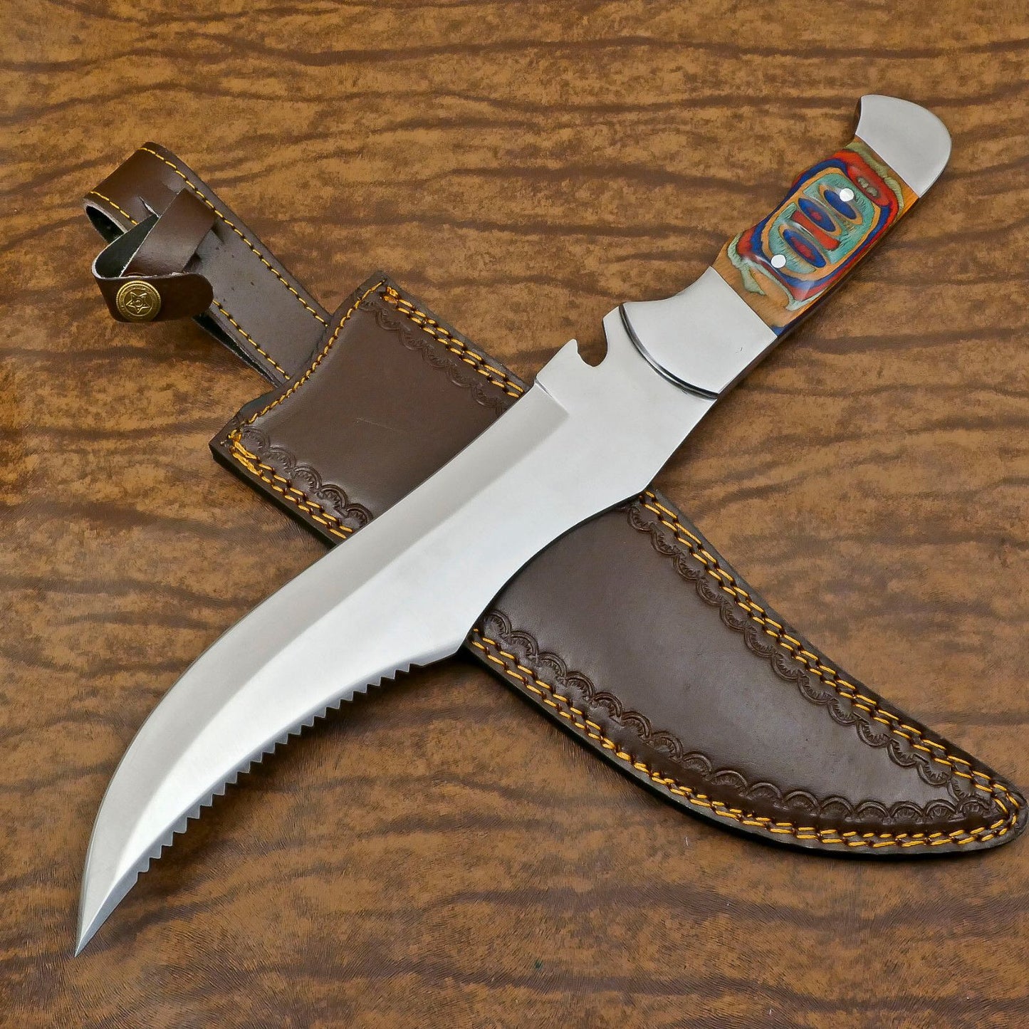 Handmade D2 Large Bowie Hunting Knife | 12-Inch Blade with Pakka Wood Handle & Leather Sheath