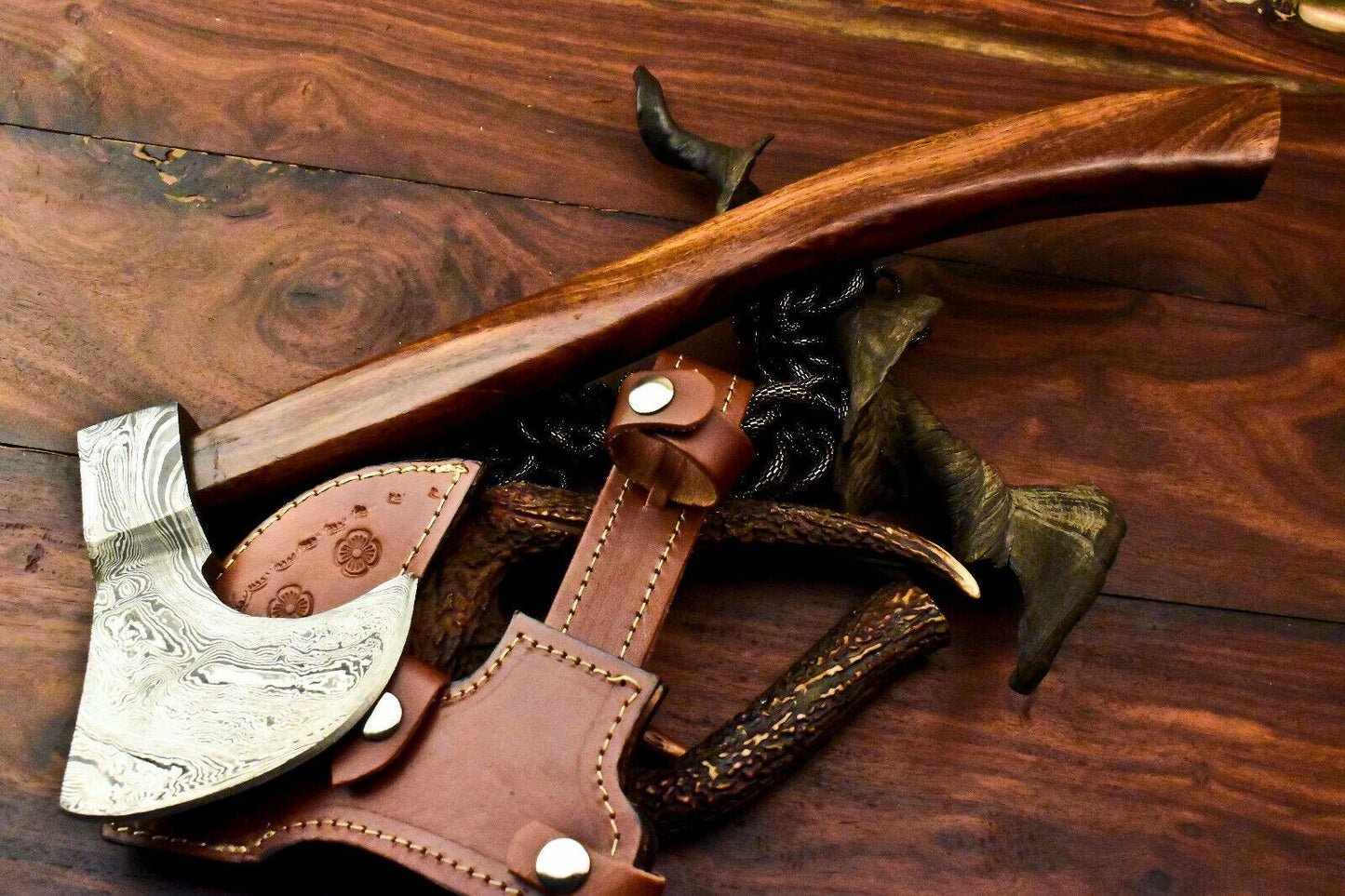 Custom Handmade Damascus Axe Tomahawk with Walnut Wood Handle | Viking Damascus Steel Axe