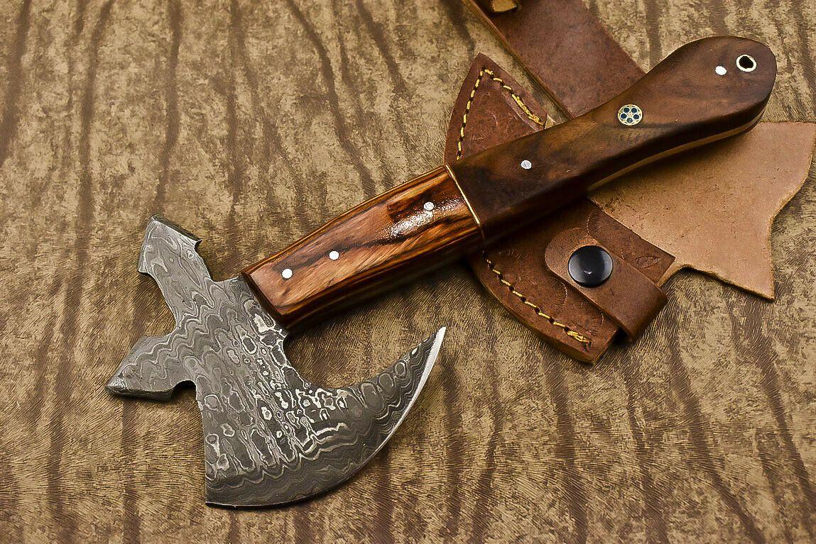 Handmade Damascus Axe Walnut Wood Handle Damascus Steel Axe Clever Chopper Knife with Leather Sheath