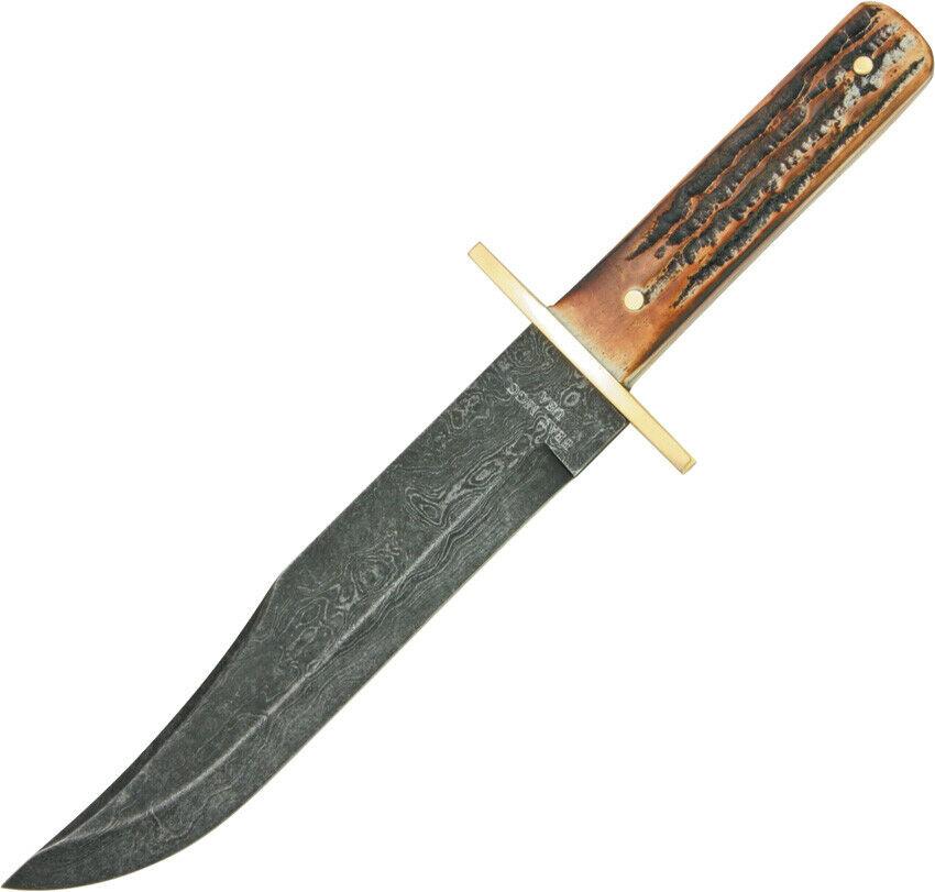 Handmade Damascus Bowie Knife – 12" Stag Bone Handle with Brass Guard