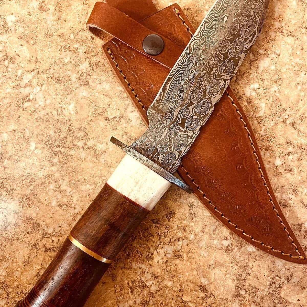 Handmade Damascus Bowie Knife | 12" Walnut Wood Handle
